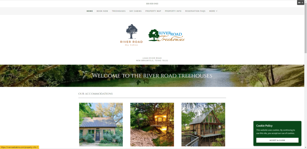 Homepage of River Road Treehouses' website / riverroadcabins.com

Link: https://riverroadcabins.com/