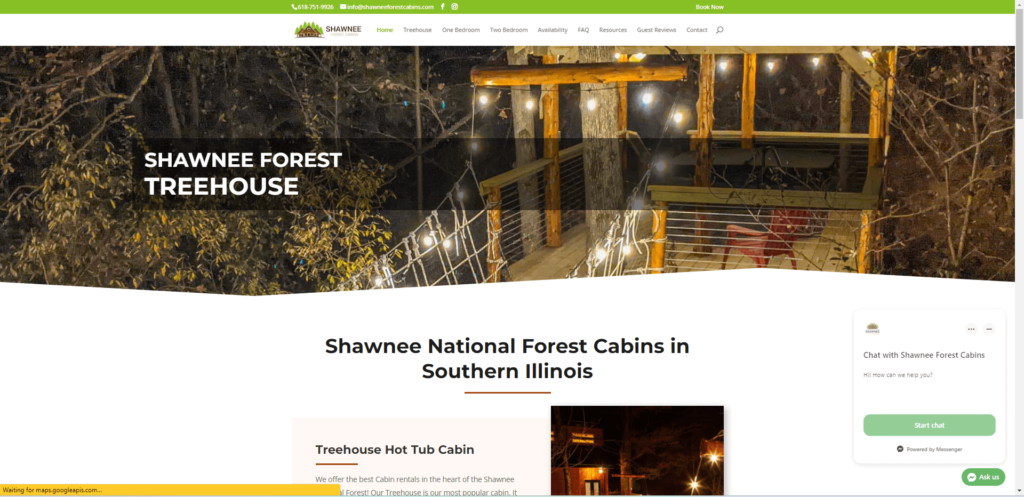 Homepage of Shawnee Forest Cabins' website / shawneeforestcabins.com

Link: https://shawneeforestcabins.com/
