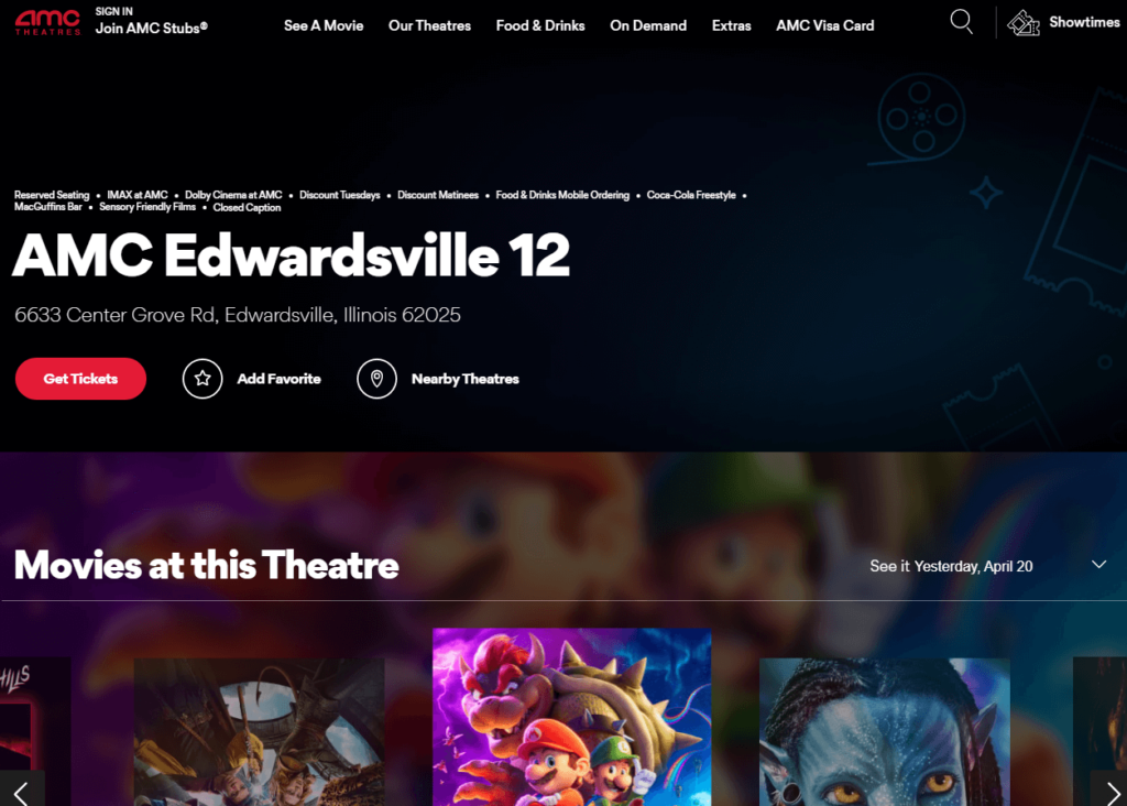 Homepage of AMC Edwardsville 12 / amctheatres.com
