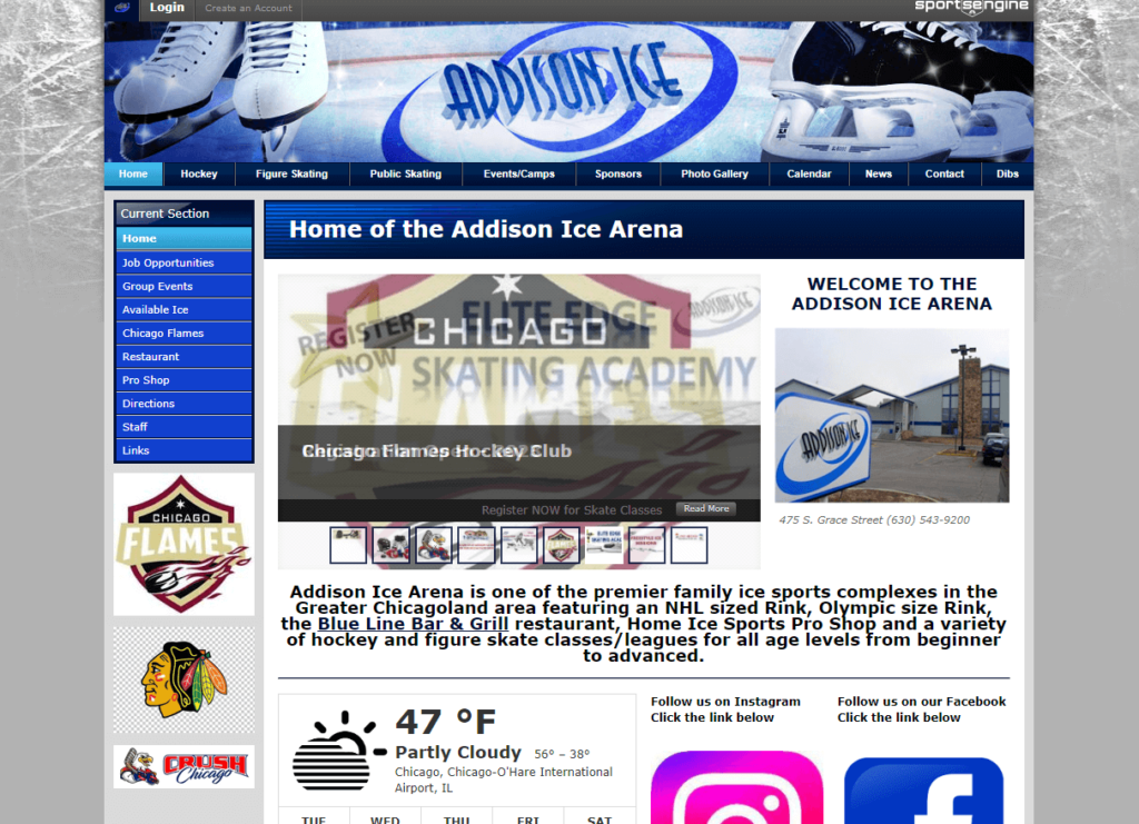 Homepage of Addison Ice Arena / addisonice.com

