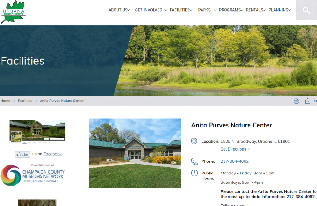 Homepage of Anita Purves Nature Center / urbanaparks.org
