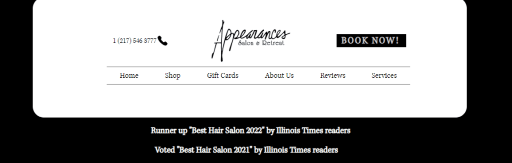 Homepage of Appearances Salon and Spa website /
Link: https://www.appearancesonline.com/