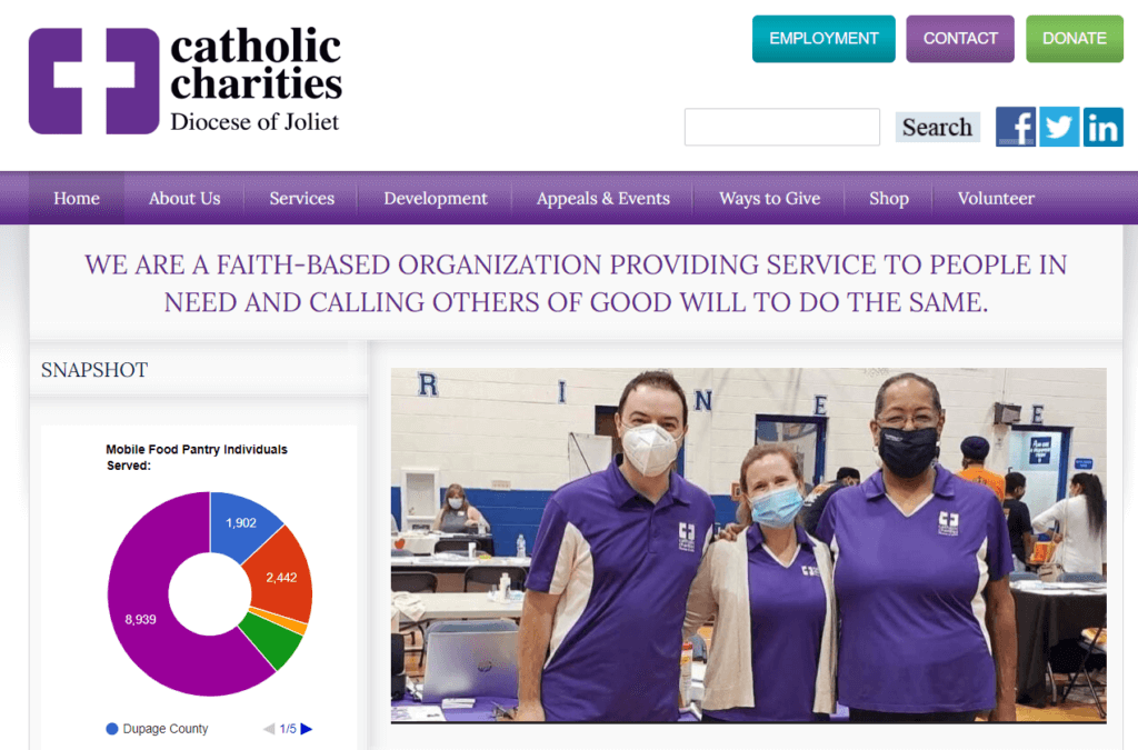 Homepage of Catholic Charities Joliet website /
Link: https://catholiccharitiesjoliet.org/