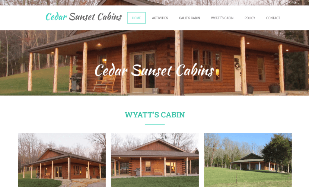 Homepage of Cedar Sunset Cabins website /
Link: https://cedarsunsetcabin.com