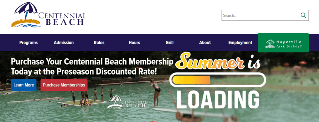 Homepage of Centennial Beach website /
Link: https://www.napervilleparks.org/centennialbeach