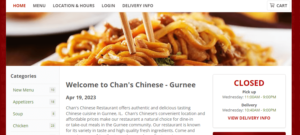 Homepage of Chan's Chinese Cuisine website /
Link: https://www.chanschinesegurnee.com/