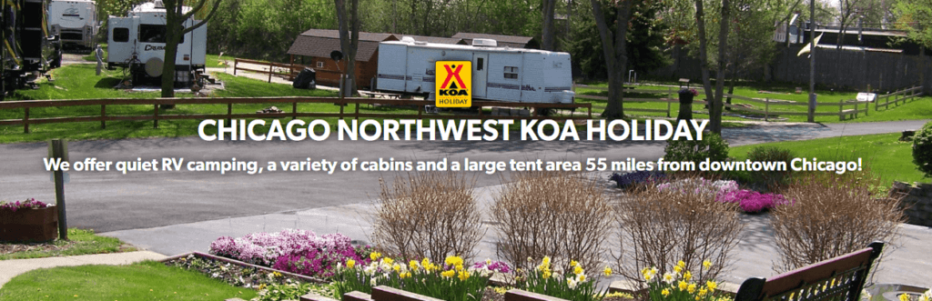 Homepage of Chicago Northwest KOA Holiday Resort website /
Link: https://koa.com/campgrounds/chicago/