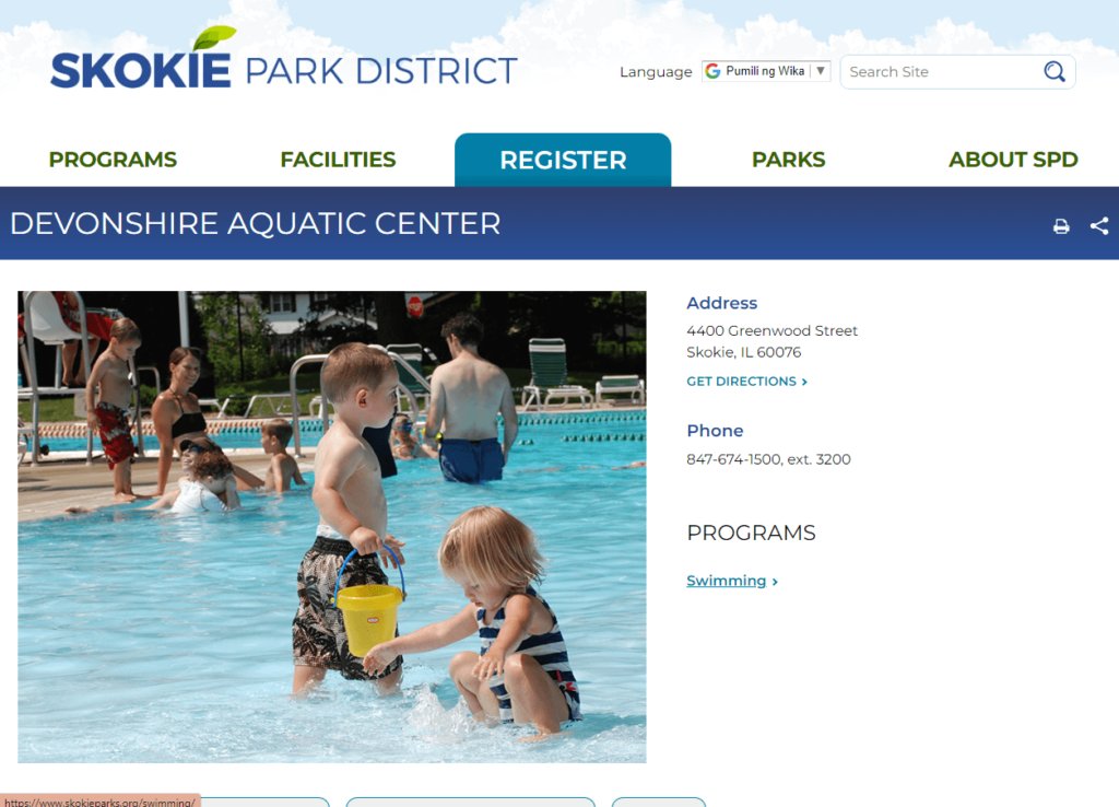 Homepage of Devonshire Aquatic Center / skokieparks.org
