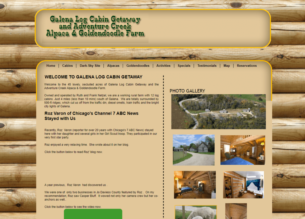 Homepage of Galena Log Cabin Getaway / galenalogcabins.com
