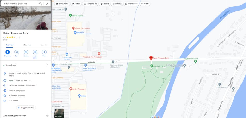 Google Maps view of the Eaton Preserve Splash Pad / GoogleMaps.com

Link: https://www.google.com/maps/place/Eaton+Preserve+Park/@41.6372668,-88.1957666,17z/data=!4m6!3m5!1s0x880ef5a5ab10f8c7:0x1c150ff05c345ae4!8m2!3d41.6372668!4d-88.1935779!16s%2Fg%2F1tf6h6yf