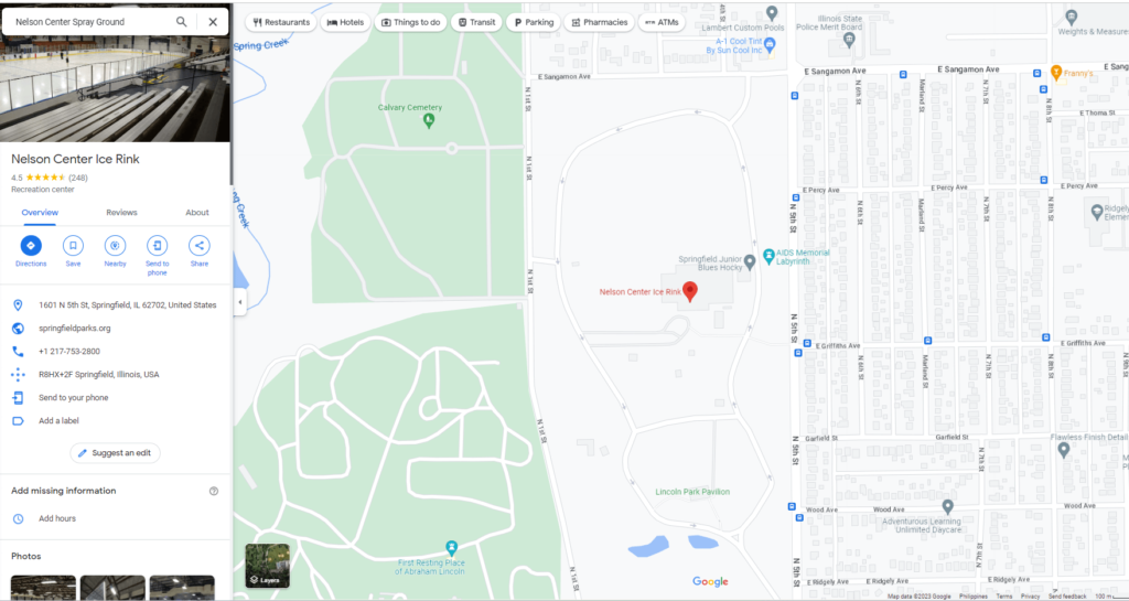 Google Maps view of the Nelson Center Spray Ground / GoogleMaps.com

Link: https://www.google.com/maps/place/Nelson+Center+Ice+Rink/@39.827543,-89.6535284,17z/data=!4m6!3m5!1s0x887537643a3b0eaf:0xbedc4ffe3e73816c!8m2!3d39.827543!4d-89.6513397!16s%2Fm%2F0cc6w3q