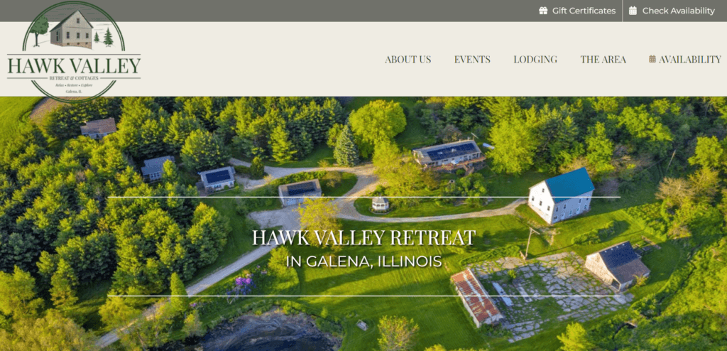 Homepage of Hawk Valley Retreat and Cottages website /
Link: https://hawkvalleyretreat.com/