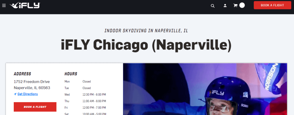 Homepage of iFly Skydiving website /
Link: https://www.iflyworld.com/chicago-naperville/