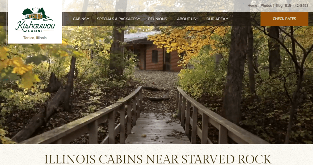 Homepage of Kishauwau Cabins website /
Link: https://kishauwaucabins.com/

