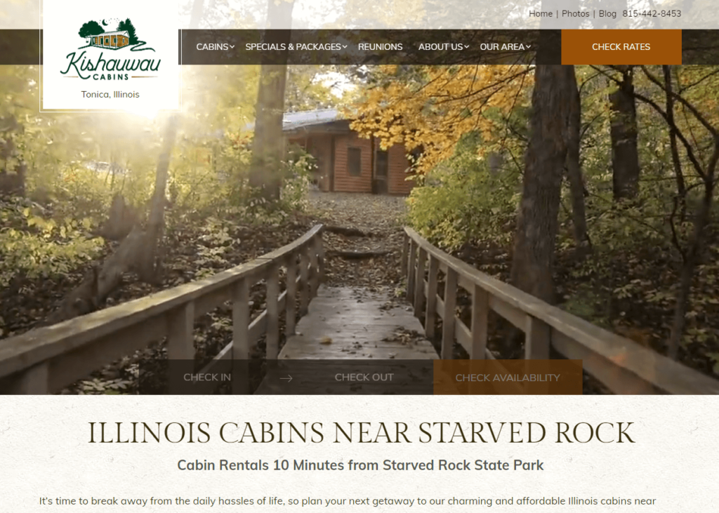 Homepage of Kishauwau's Starved Rock Area Cabins / kishauwaucabins.com
