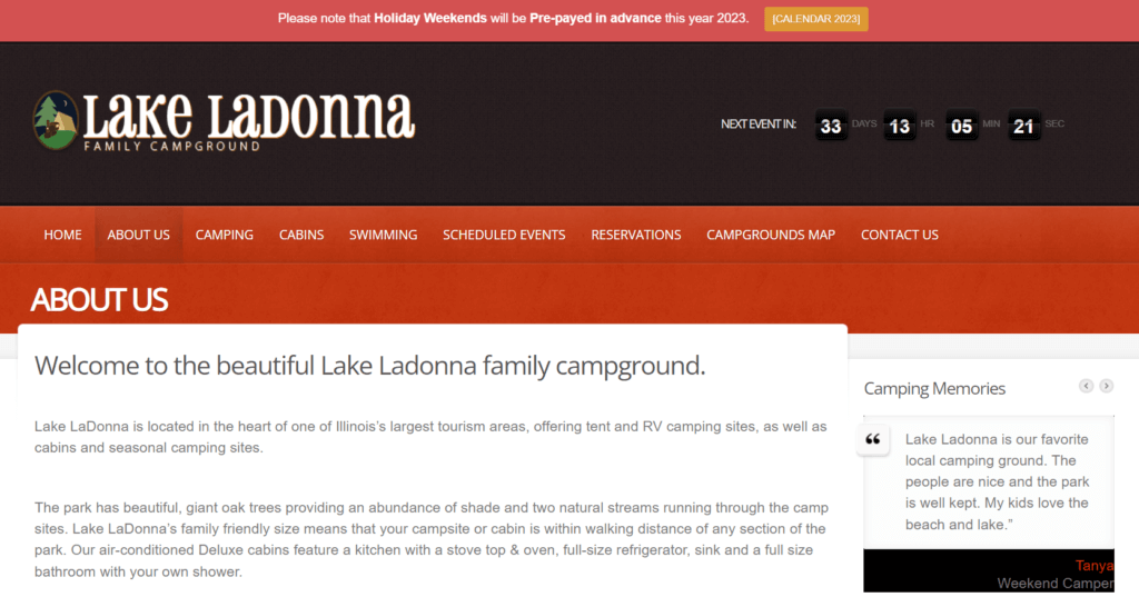 Homepage of Lake Ladonna website /
Link: https://lakeladonna.com/about-us/

