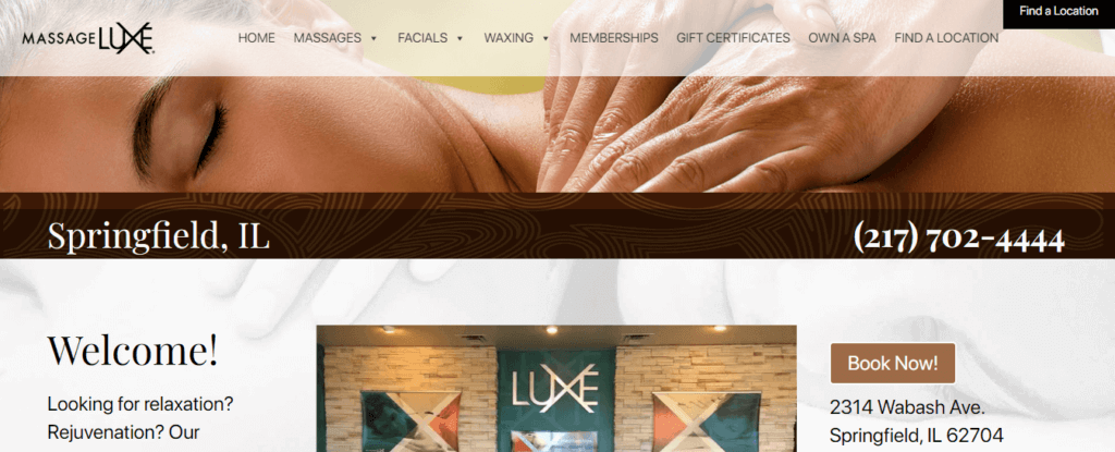 Homepage of MassageLuXe website /
Link: https://massageluxe.com/locations/Springfield-IL/