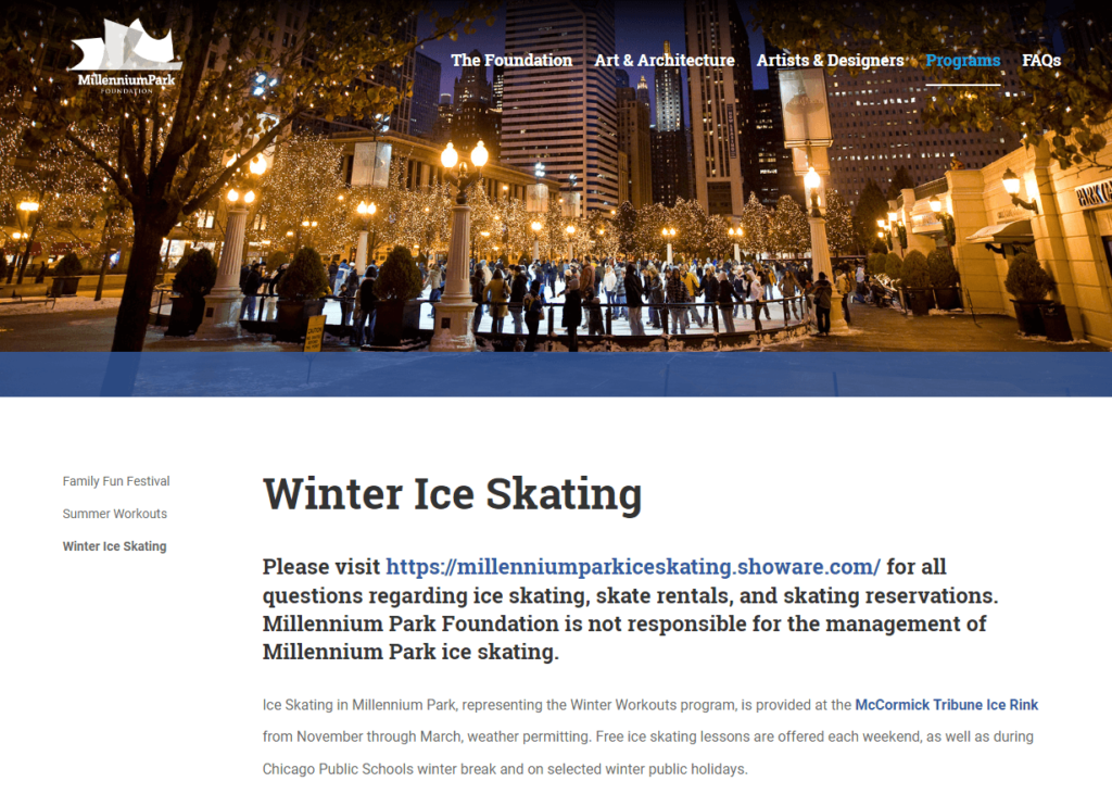 Homepage of Millennium Park Ice Skating Rink / millenniumparkfoundation.org
