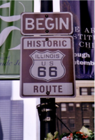 Modern 'historic' signage in Chicago / Wikipedia / Laurent Reich
Link: https://en.wikipedia.org/wiki/U.S._Route_66#/media/File:Route66_024.jpg