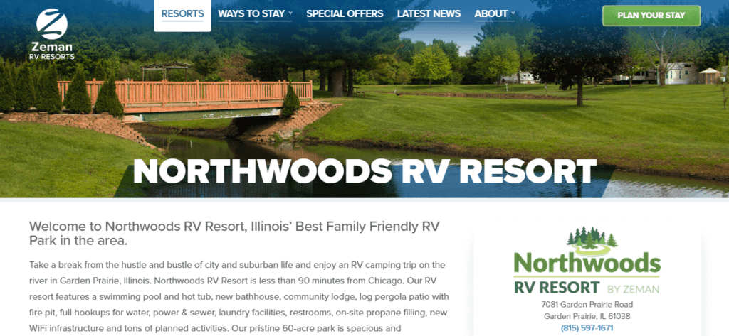 Homepage of Northwoods Resort website /
Link: https://www.zemanrv.com/resorts/northwoods-rv-resort