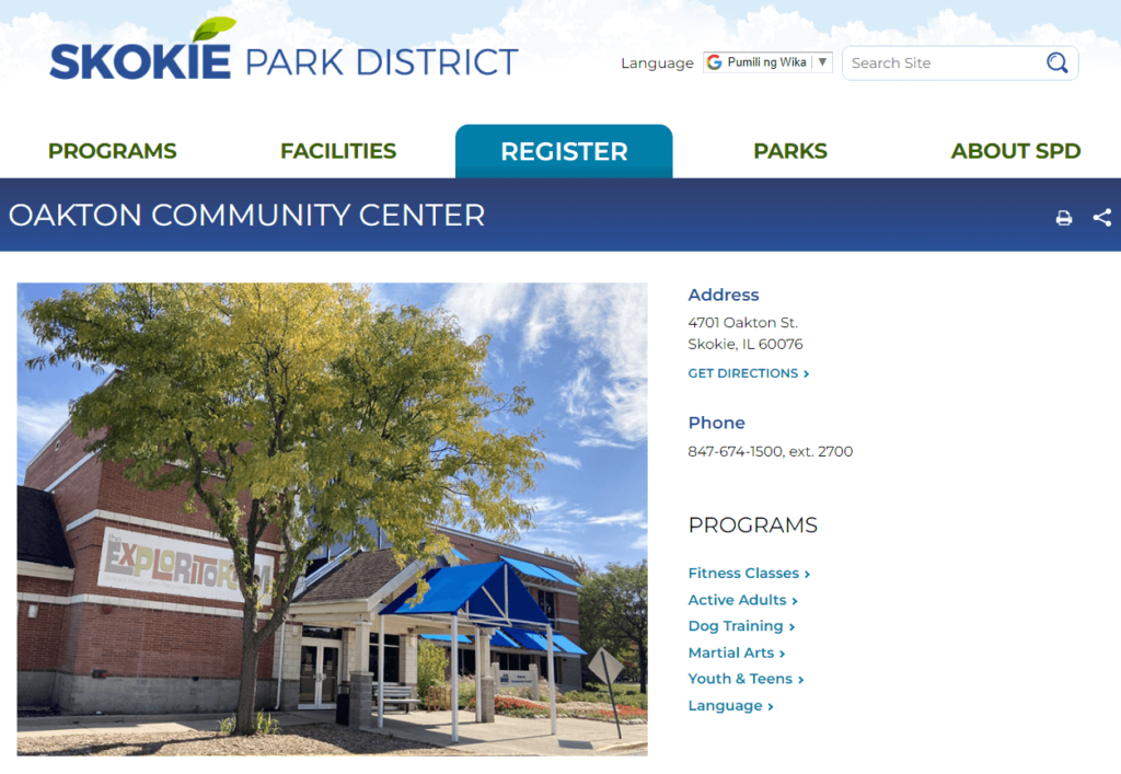 Homepage of Oakton Community Center Pool / skokieparks.org
