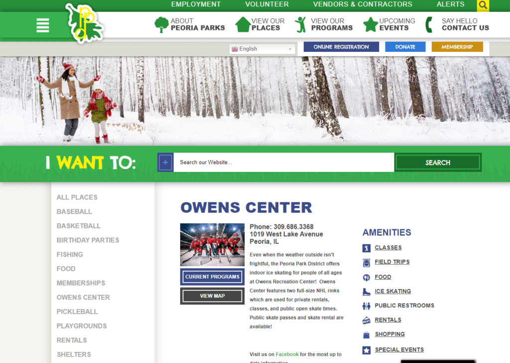 Homepage of Owens Center / peoriaparks.org
