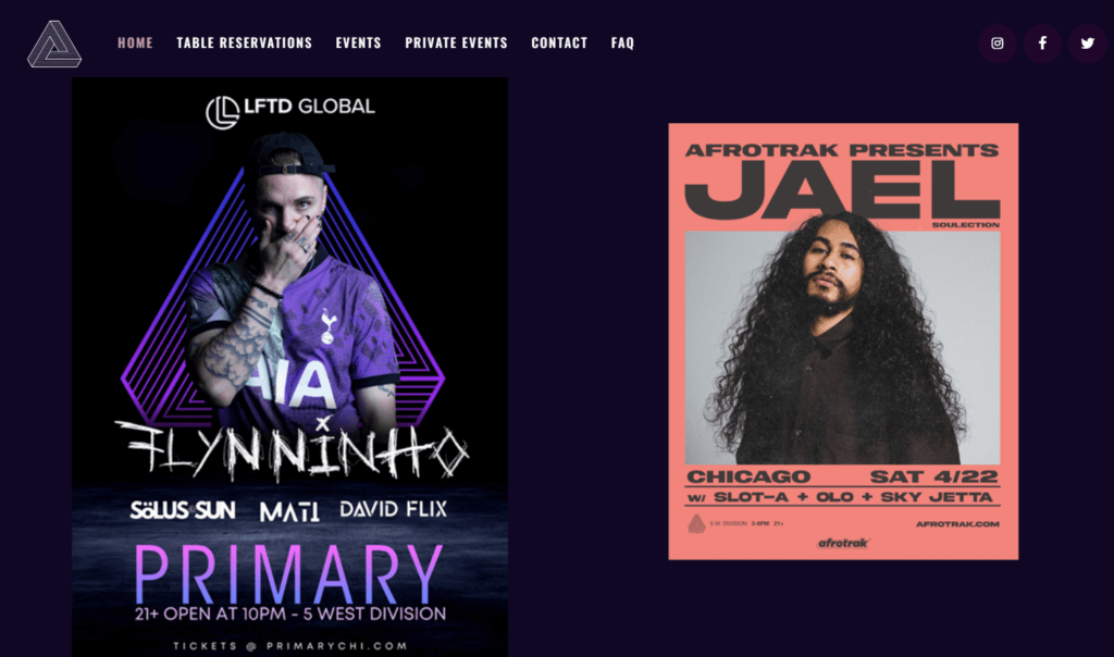 Homepage of Primary Night Club website /
Link: https://primarychi.com/