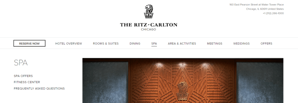 Homepage of Ritz Carlton Chicago Spa website /
Link: https://www.ritzcarlton.com/en/hotels/chicago/spa