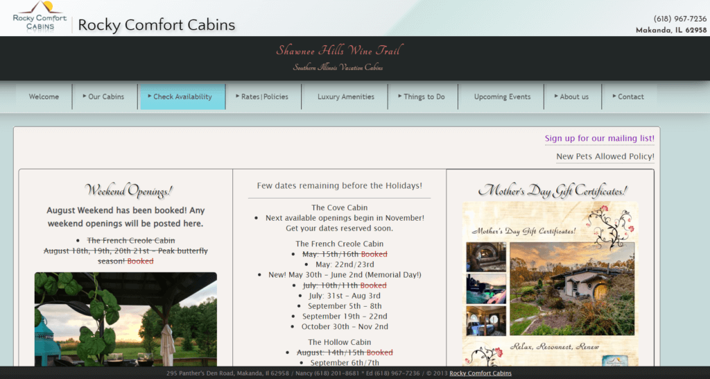 Homepage of Rocky Comfort Cabins website /
Link: https://rockycomfortcabins.com/