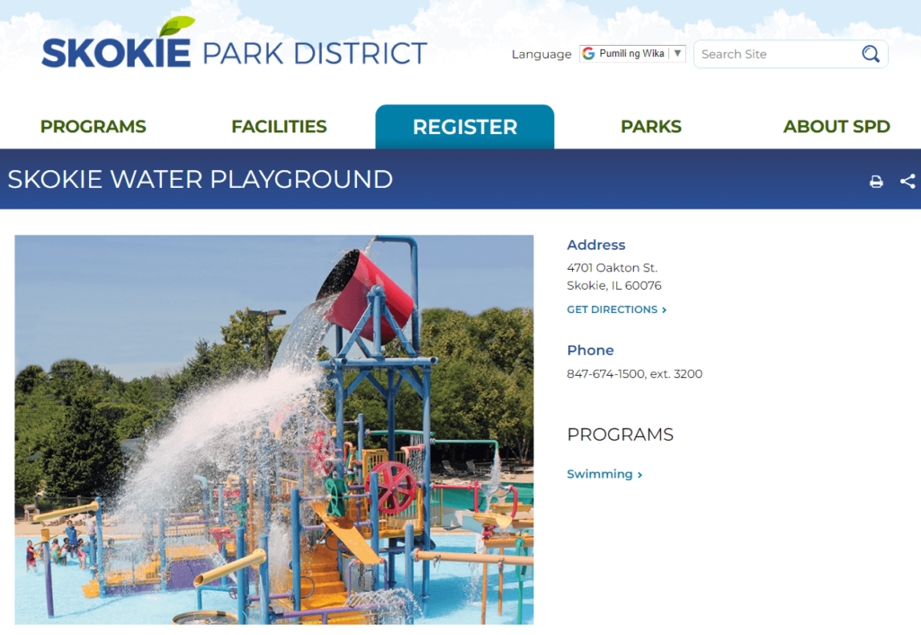 Homepage of Skokie Water Playground / skokieparks.org