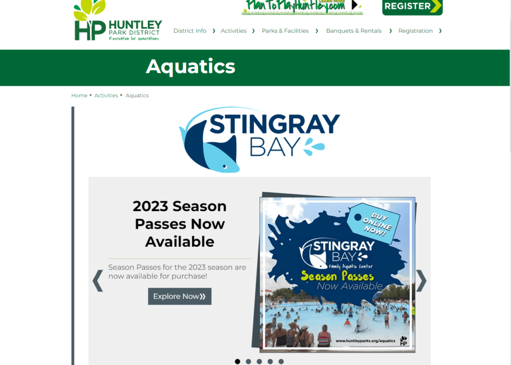 Homepage of Stingray Bay Family Aquatic Center / huntleyparks.org
