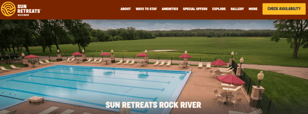 Homepage of Sun Retreats Rock River website /
Link: https://www.sunoutdoors.com/illinois/sun-retreats-rock-river