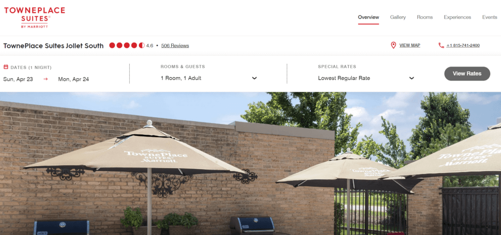 Homepage of TownePlace Suites website /
Link: https://www.marriott.com/en-us/hotels/mdwts-towneplace-suites-joliet-south/overview/