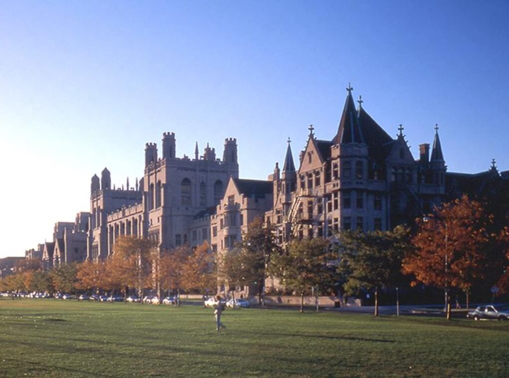 View of Collegiate Gothic Architecture of The University of Chicago / Wikipedia / Urban~commonswiki
Link: https://en.wikipedia.org/wiki/Midway_Plaisance#/media/File:Harper_Midway_Chicago.jpg