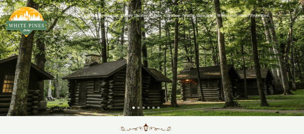 Homepage of White Pines Lodge website /
Link: https://whitepinesinn.com/