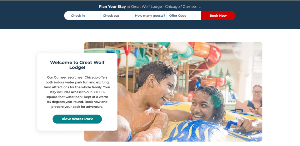 Homepage of Great Wolf Lodge Waterpark / greatwolf.com