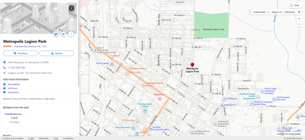Google Maps view of the Metropolis Legion Park / googlemaps.com

Link: https://www.bing.com/search?pglt=41&q=metropolis+legion+park&cvid=20526fbcef6d44249ce66b843424f487&aqs=edge.0.0.164j0j1&FORM=ANNTA1&PC=ASTS