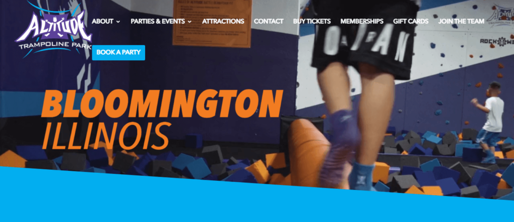 Homepage of Altitude Trampoline Park (Bloomington) / altitudebloomington.com


Link: https://altitudebloomington.com/
