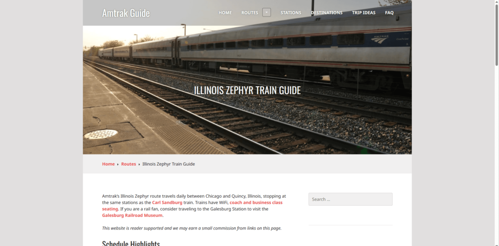 Homepage of Amtrak Illinois Zephyr's website / amtrakguide.com