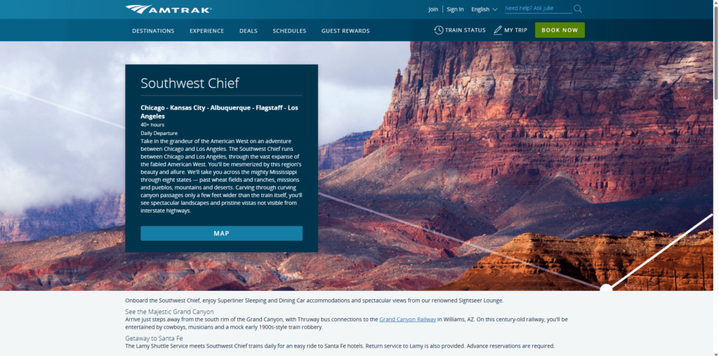 Homepage of Amtrak Southwest Chief's website / www.amtrak.com