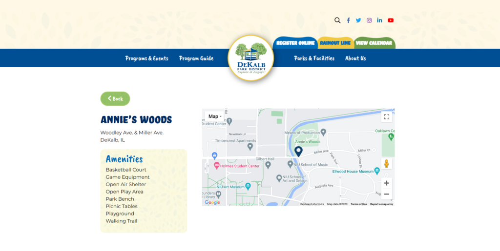 Homepage of Annie's Woods' website / dekalbparkdistrict.com