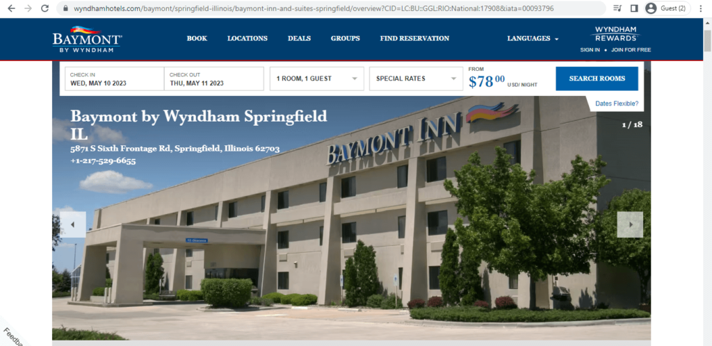 Homepage of Baymont by Wyndham Springfield
Link: https://www.wyndhamhotels.com/baymont/springfield-illinois/baymont-inn-and-suites-springfield/overview?CID=LC:BU::GGL:RIO:National:17908&iata=00093796