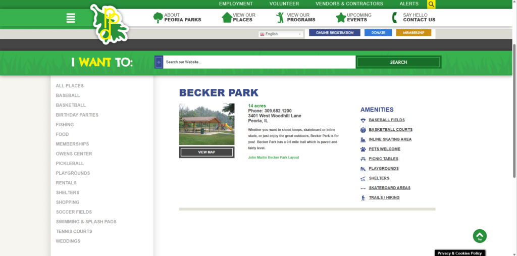 Homepage of Becker Park's website / peoriaparks.org