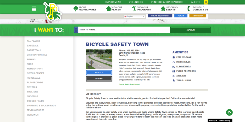 Homepage of Bicycle Safety Town's website / peoriaparks.org