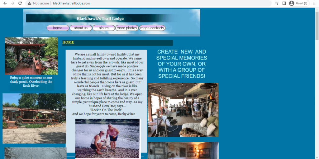 Homepage of Blackhawk's Trail Lodge
Link: http://www.blackhawkstraillodge.com/