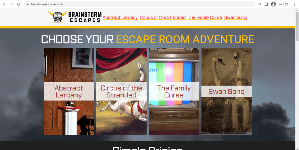 Homepage of Brainstorm Escapes 
Link: https://brainstormescapes.com/