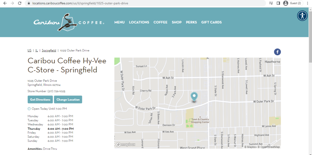 Homepage of Caribou Coffee 
Link: https://locations.cariboucoffee.com/us/il/springfield/1025-outer-park-drive