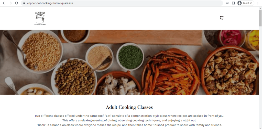 Homepage of Copper Pot Cooking Studio 
Link: https://copper-pot-cooking-studio.square.site/