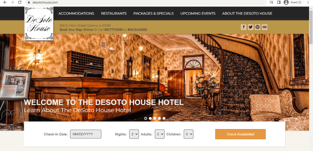 Homepage of DeSoto House Hotel 
Link: https://desotohouse.com/