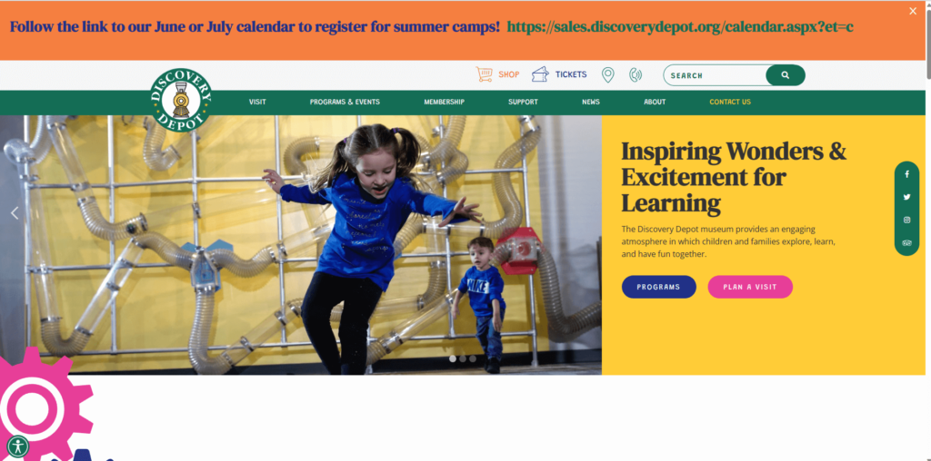 Homepage of Discovery Depot Children's Museum's website / www.discoverydepot.org